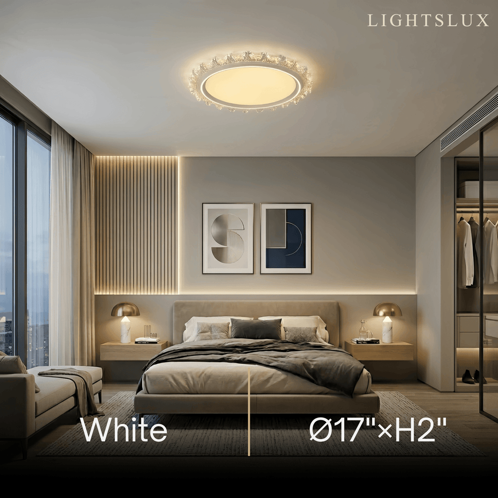 Modern Round Ceiling Light -- White or Walnut Acrylic & Metal for Bedroom - Flindria