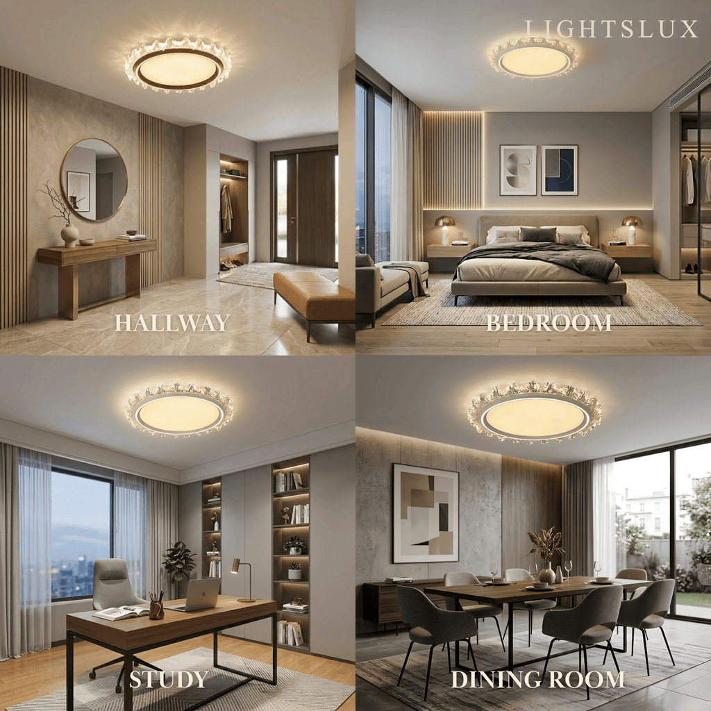 Modern Round Ceiling Light -- White or Walnut Acrylic & Metal for Bedroom - Flindria