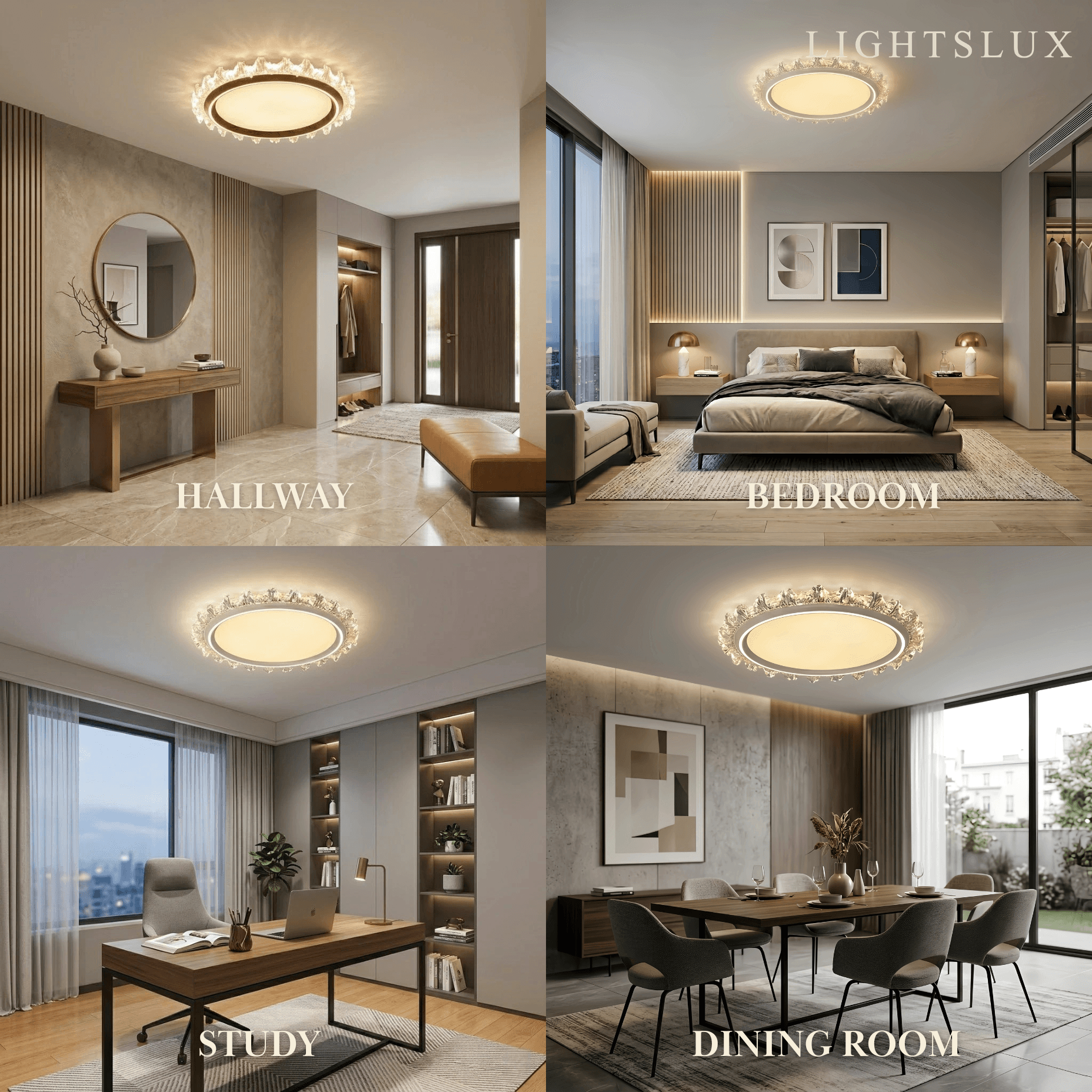 Modern Round Ceiling Light -- White or Walnut Acrylic & Metal for Bedroom - Flindria
