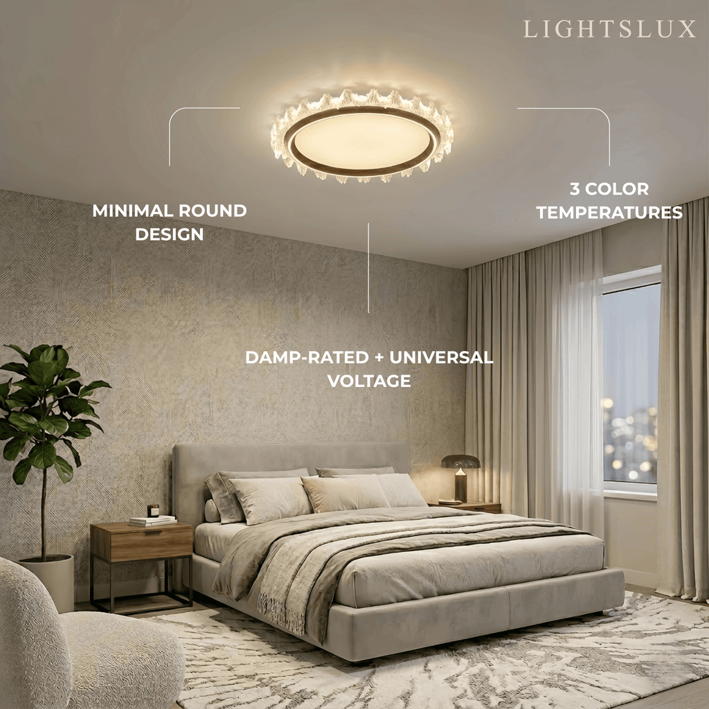 Modern Round Ceiling Light -- White or Walnut Acrylic & Metal for Bedroom - Flindria