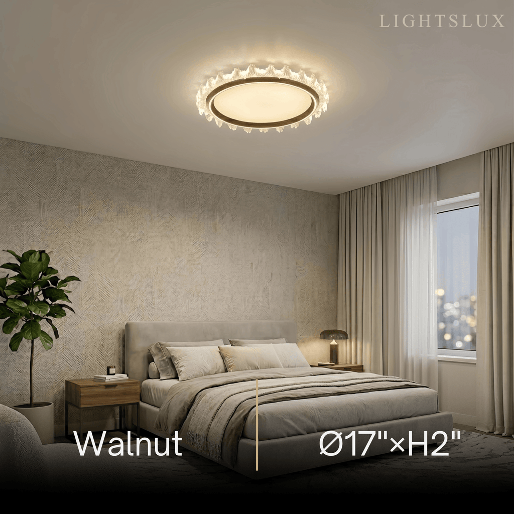 Modern Round Ceiling Light -- White or Walnut Acrylic & Metal for Bedroom - Flindria