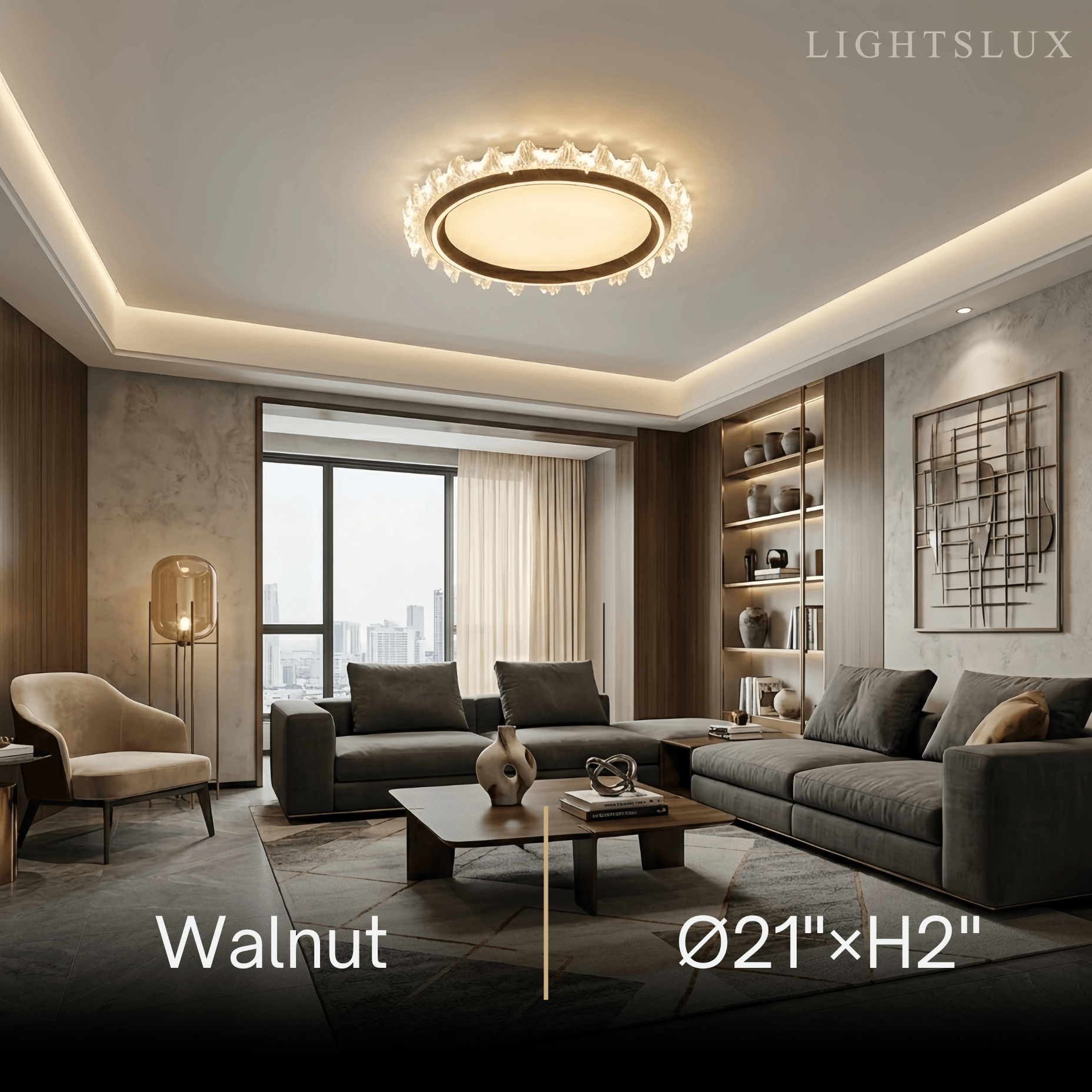 Modern Round Ceiling Light -- White or Walnut Acrylic & Metal for Bedroom - Flindria
