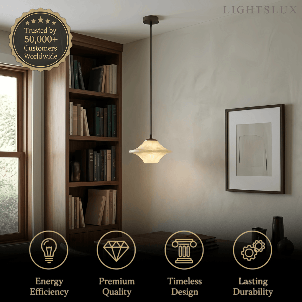 Modern Saucer Alabaster Pendant Light -- Black Metal for Bedroom Dining Room - Flindria