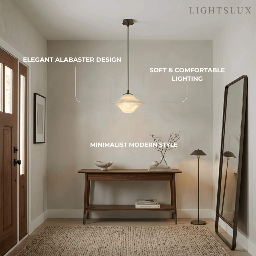 Modern Saucer Alabaster Pendant Light -- Black Metal for Bedroom Dining Room - Flindria