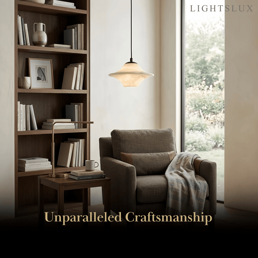 Modern Saucer Alabaster Pendant Light -- Black Metal for Bedroom Dining Room - Flindria