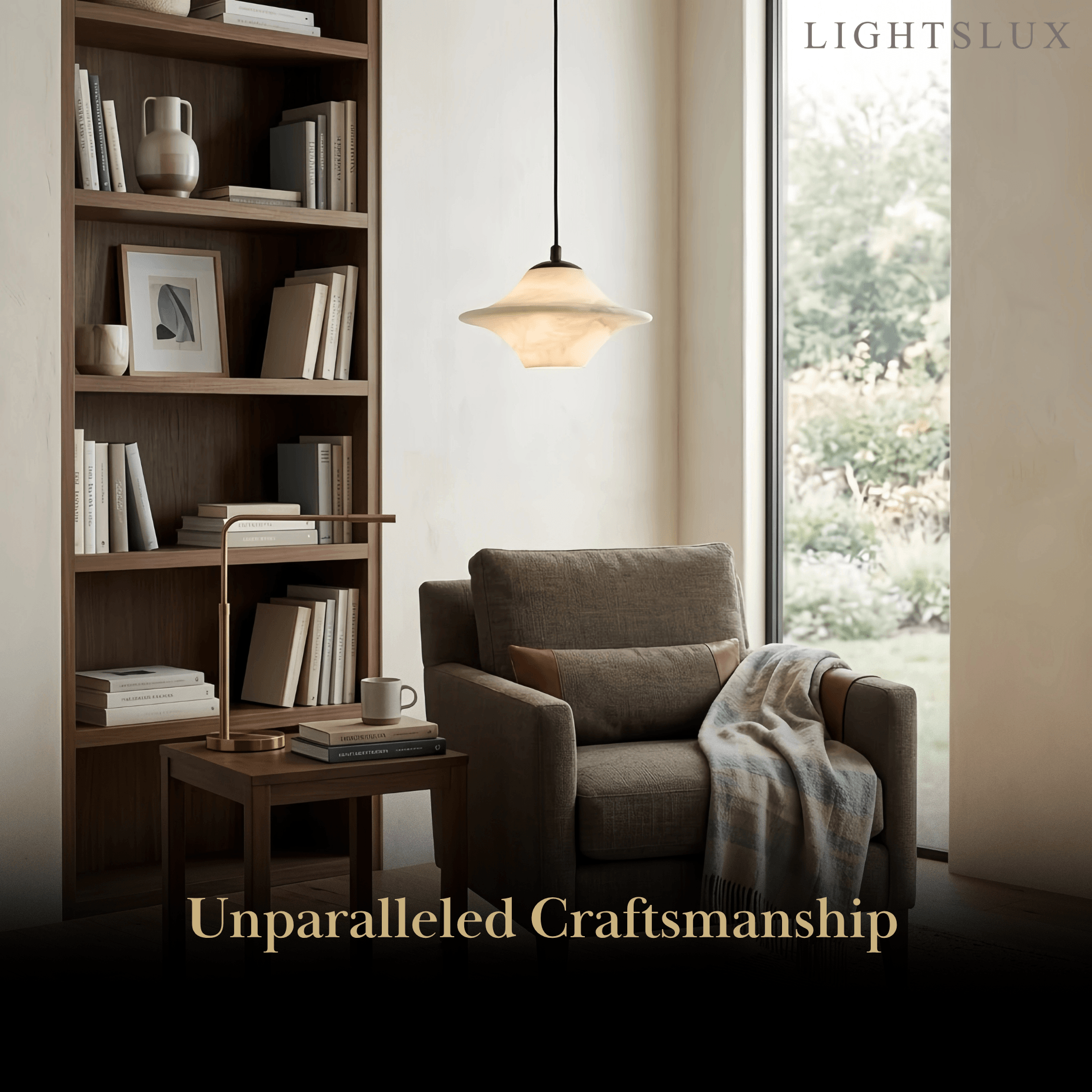 Modern Saucer Alabaster Pendant Light -- Black Metal for Bedroom Dining Room - Flindria