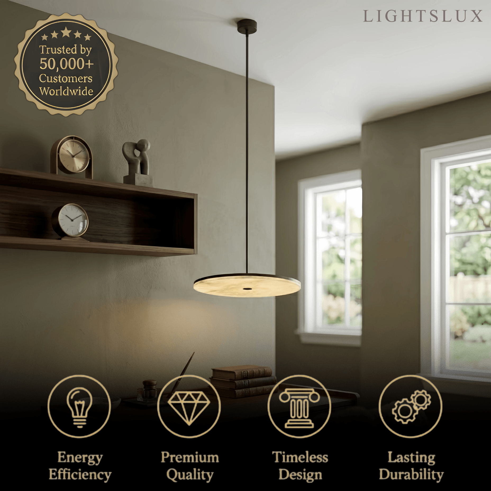 Modern Alabaster Disc Pendant Light – Natural Stone Black for Dining Room / Bedroom - Flindria