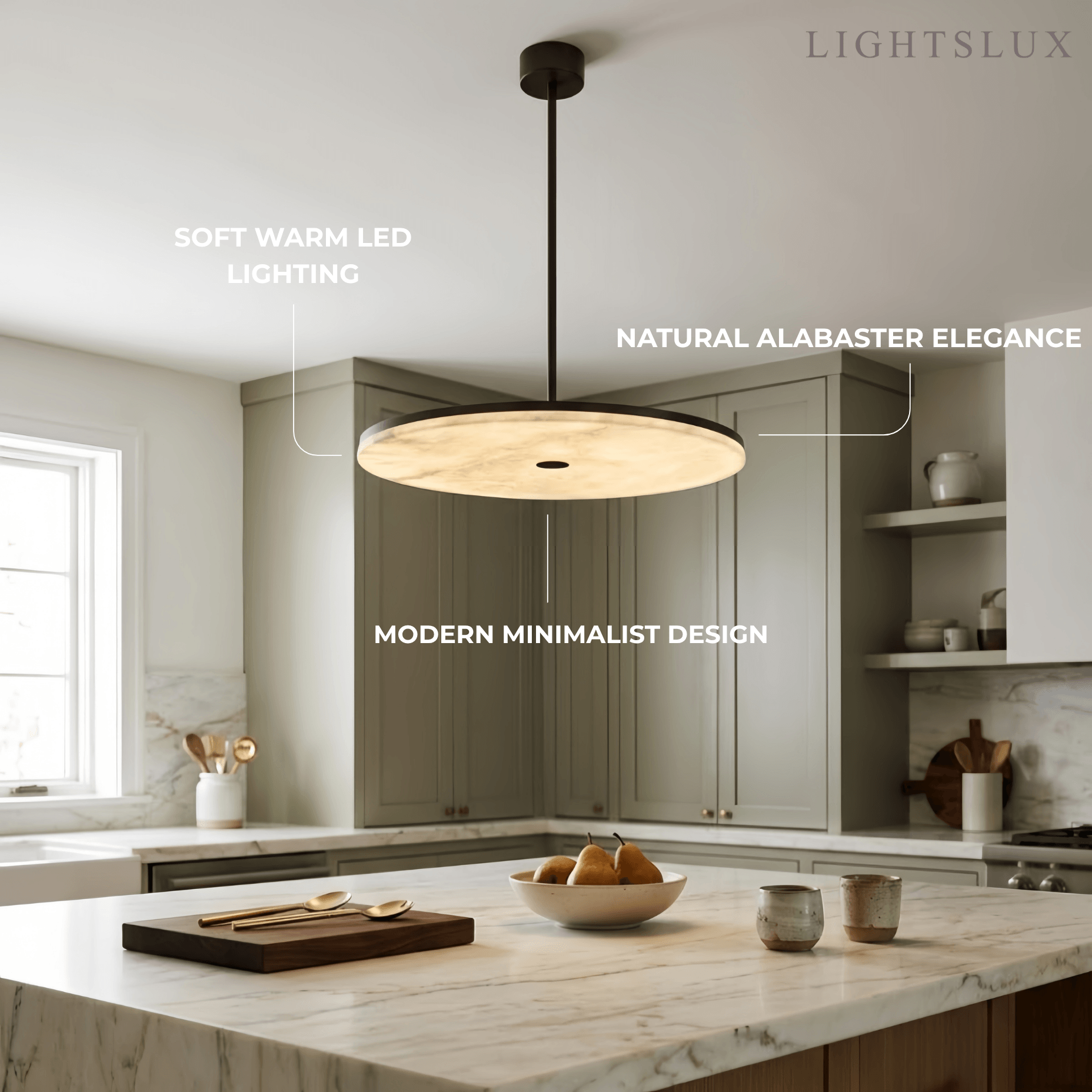 Modern Alabaster Disc Pendant Light – Natural Stone Black for Dining Room / Bedroom - Flindria