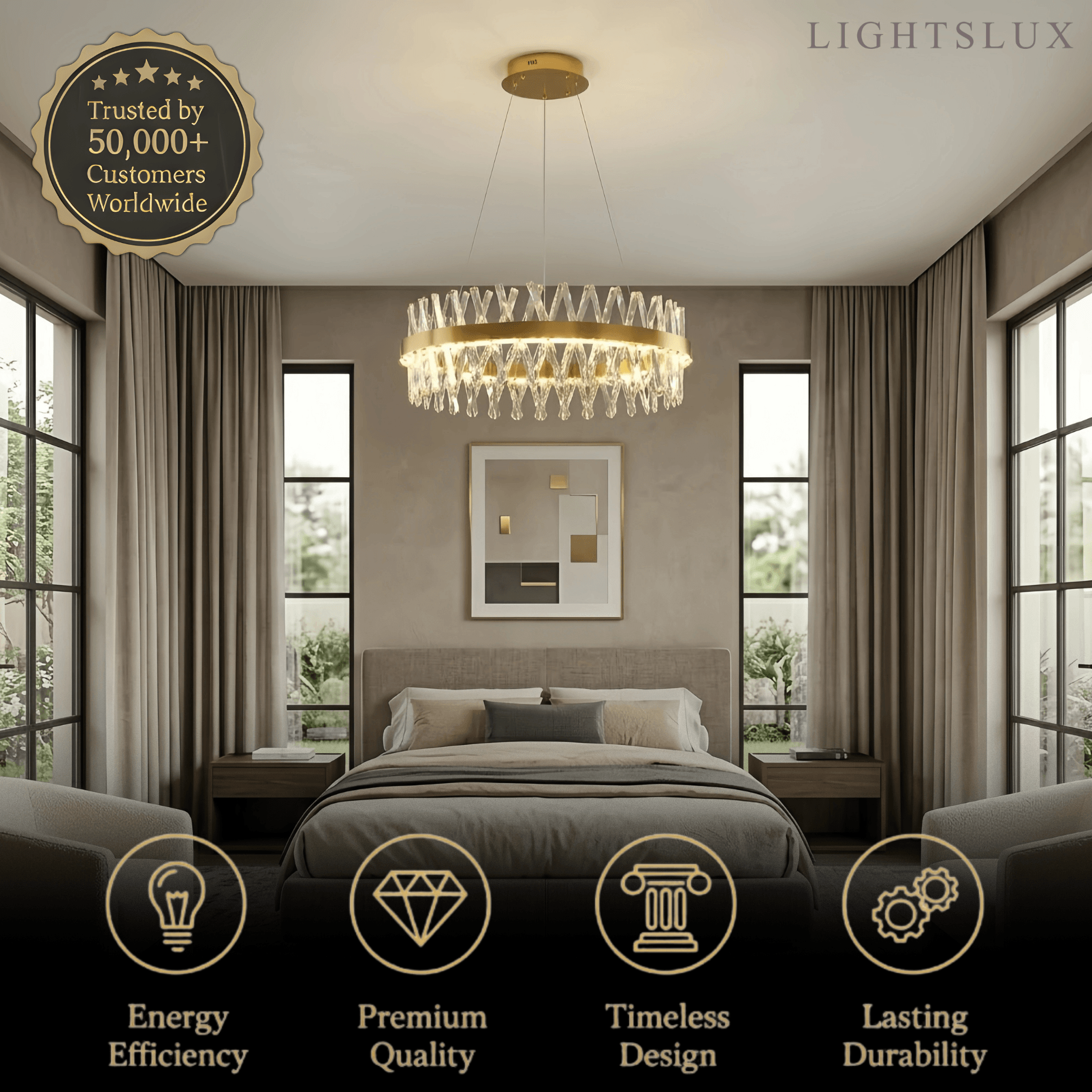 Crystal Prism Round Chandelier – Gold Metal for Dining Room / Living Room - Flindria