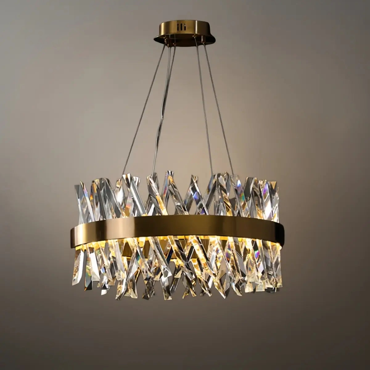 Crystal Prism Round Chandelier – Gold Metal for Dining Room / Living Room - Flindria