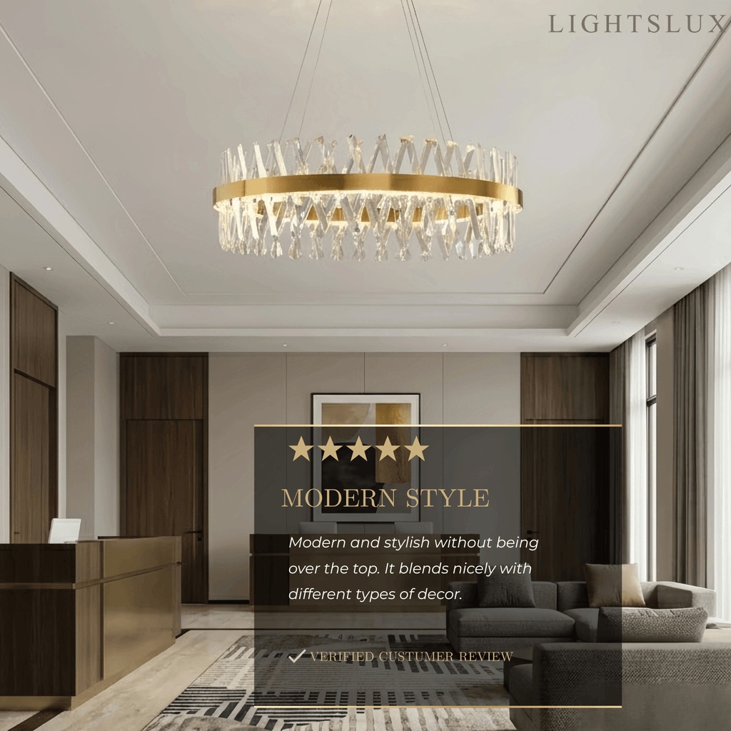 Crystal Prism Round Chandelier – Gold Metal for Dining Room / Living Room - Flindria