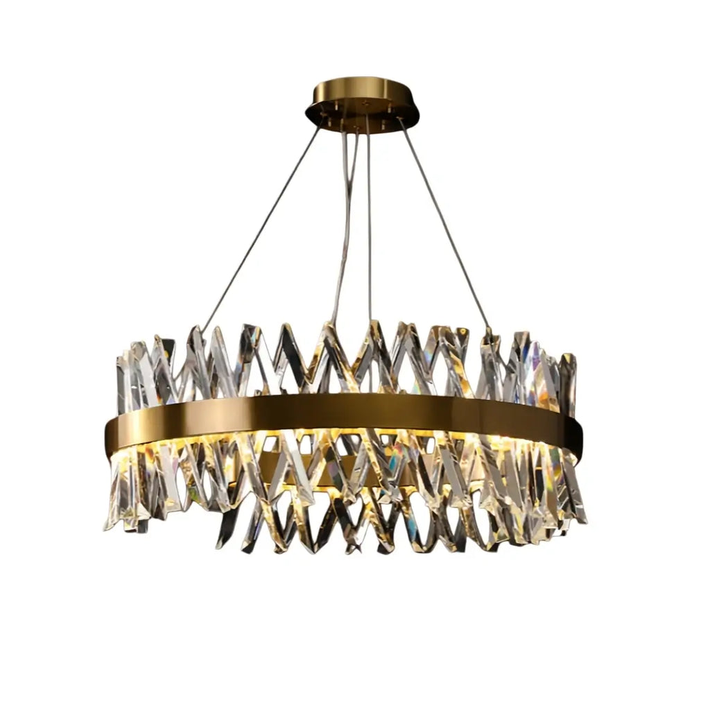 Crystal Prism Round Chandelier – Gold Metal for Dining Room / Living Room - Flindria
