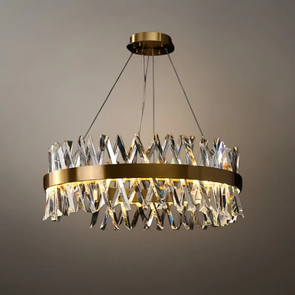 Crystal Prism Round Chandelier – Gold Metal for Dining Room / Living Room - Flindria