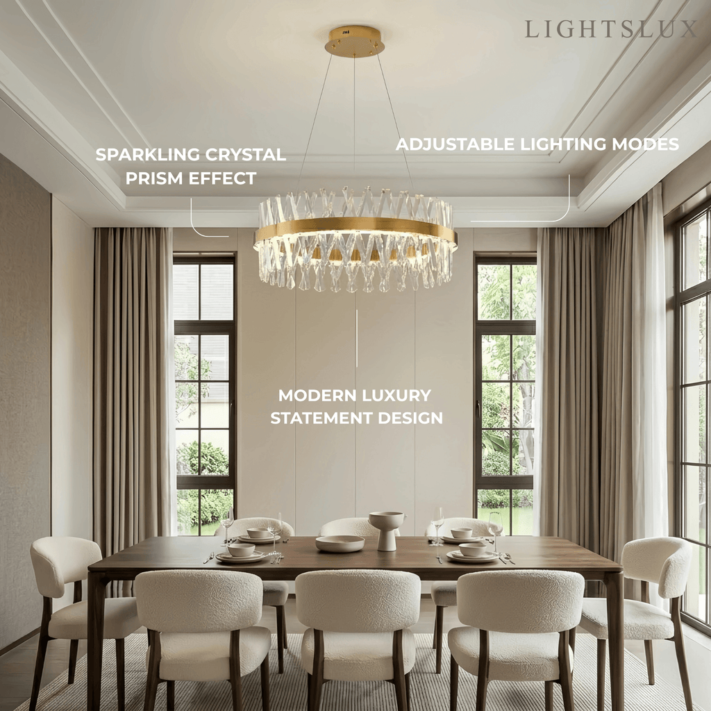 Crystal Prism Round Chandelier – Gold Metal for Dining Room / Living Room - Flindria