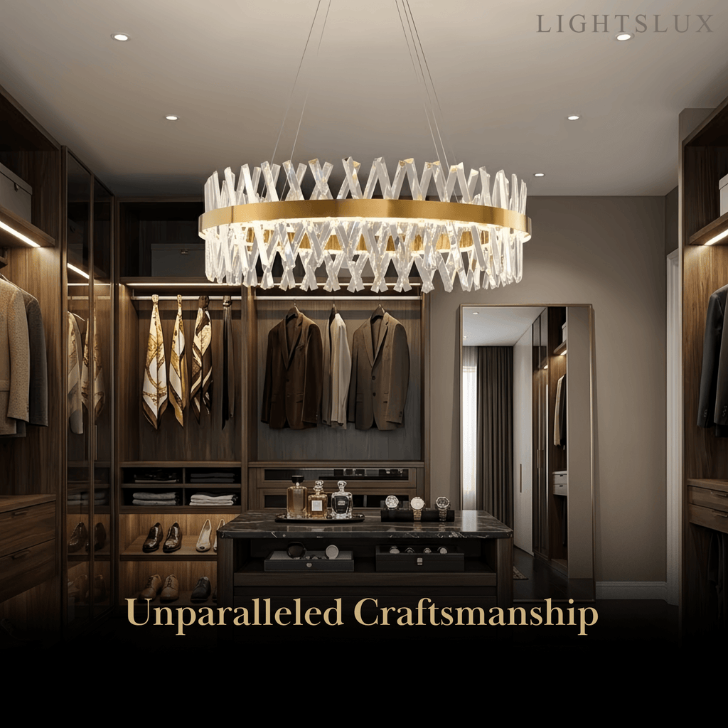 Crystal Prism Round Chandelier – Gold Metal for Dining Room / Living Room - Flindria