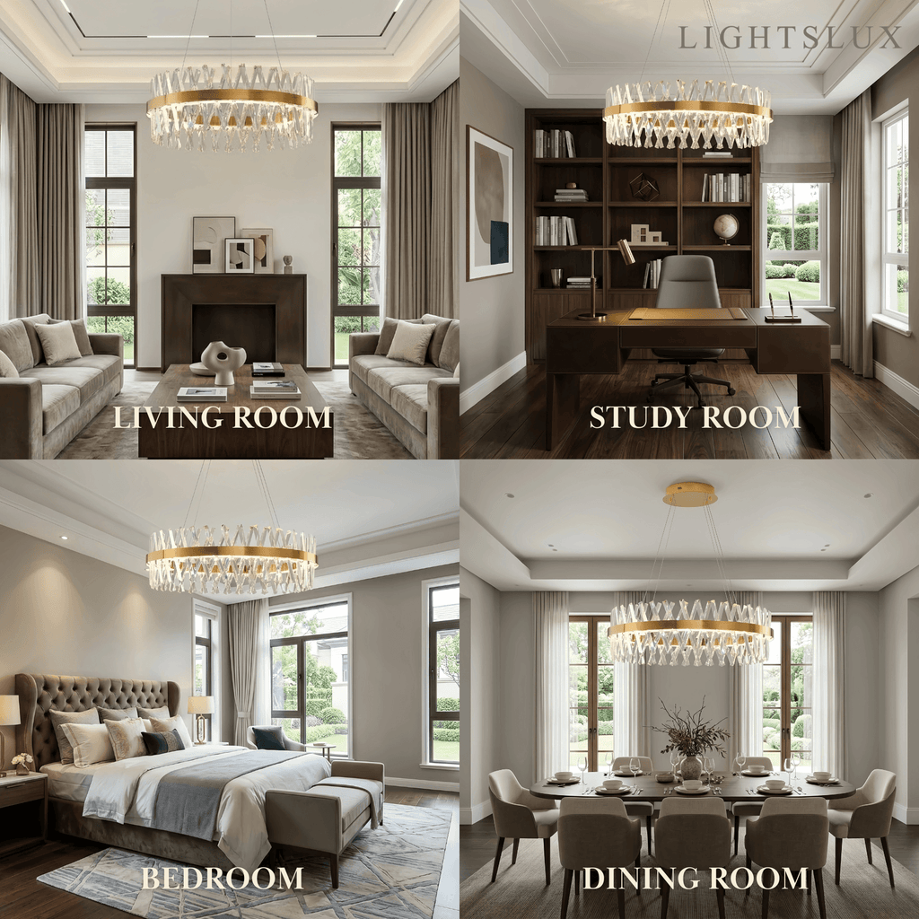 Crystal Prism Round Chandelier – Gold Metal for Dining Room / Living Room - Flindria