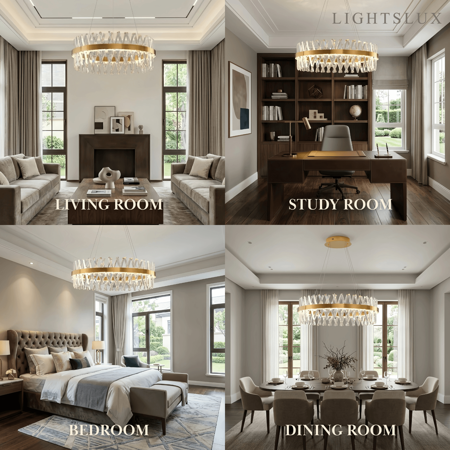 Crystal Prism Round Chandelier – Gold Metal for Dining Room / Living Room - Flindria