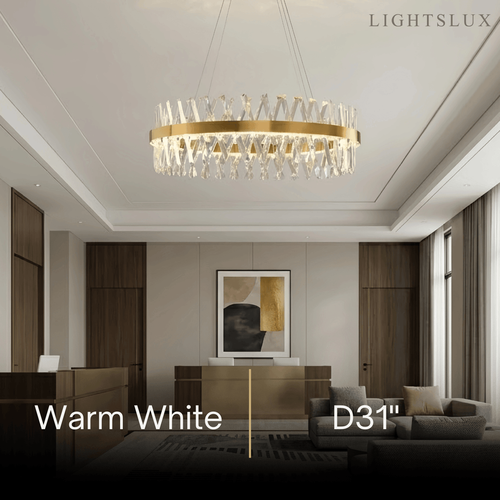 Crystal Prism Round Chandelier – Gold Metal for Dining Room / Living Room - Flindria