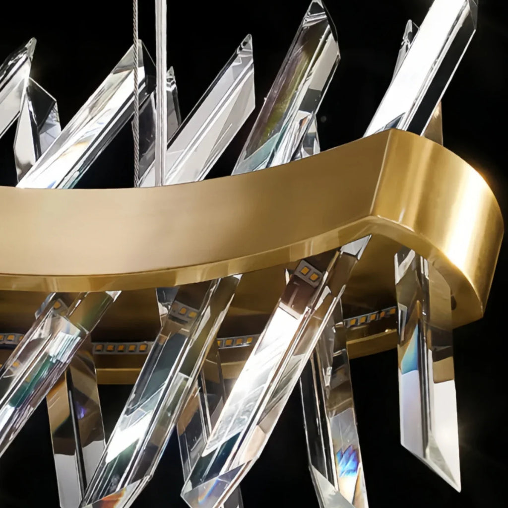 Crystal Prism Round Chandelier – Gold Metal for Dining Room / Living Room - Flindria