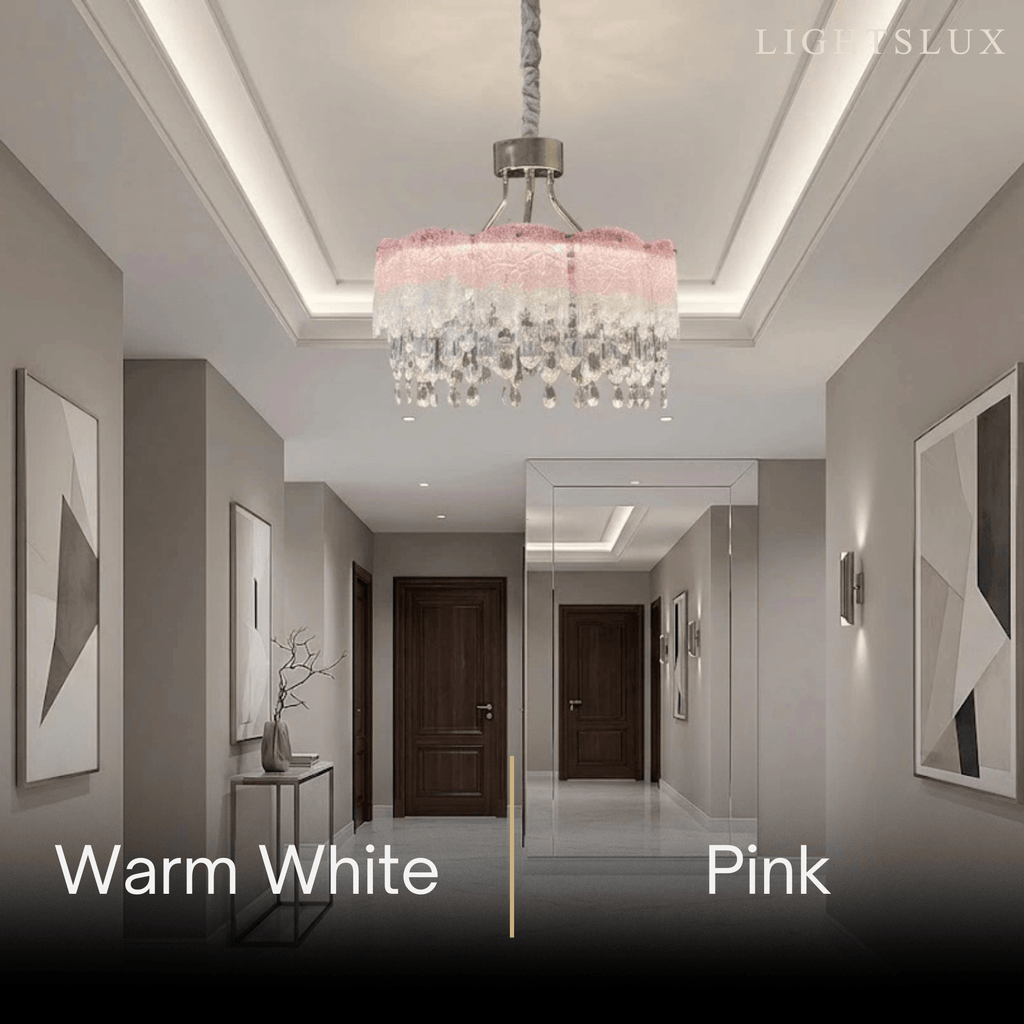 Elegantní lustr s křišťálovými střapci ze skla – zelený/růžový/průhledný kulatý do ložnice/jídelny - Flindria