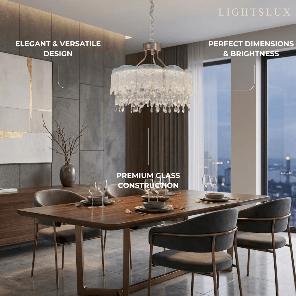 Elegantní lustr s křišťálovými střapci ze skla – zelený/růžový/průhledný kulatý do ložnice/jídelny - Flindria
