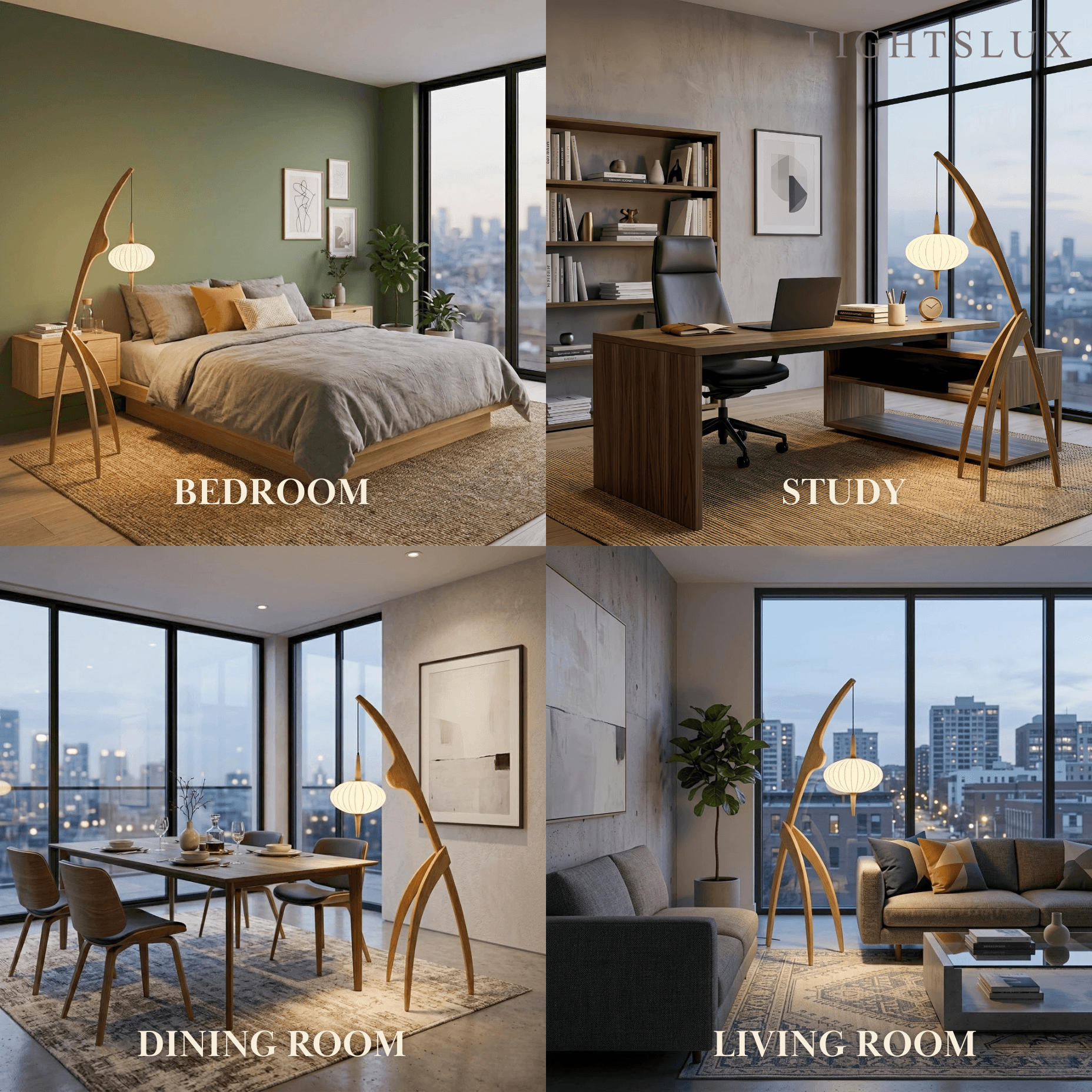 Mid-Century Modern Tripod Floor Lamp – Fabric Shade Walnut/Oak for Living Room / Bedroom - Flindria