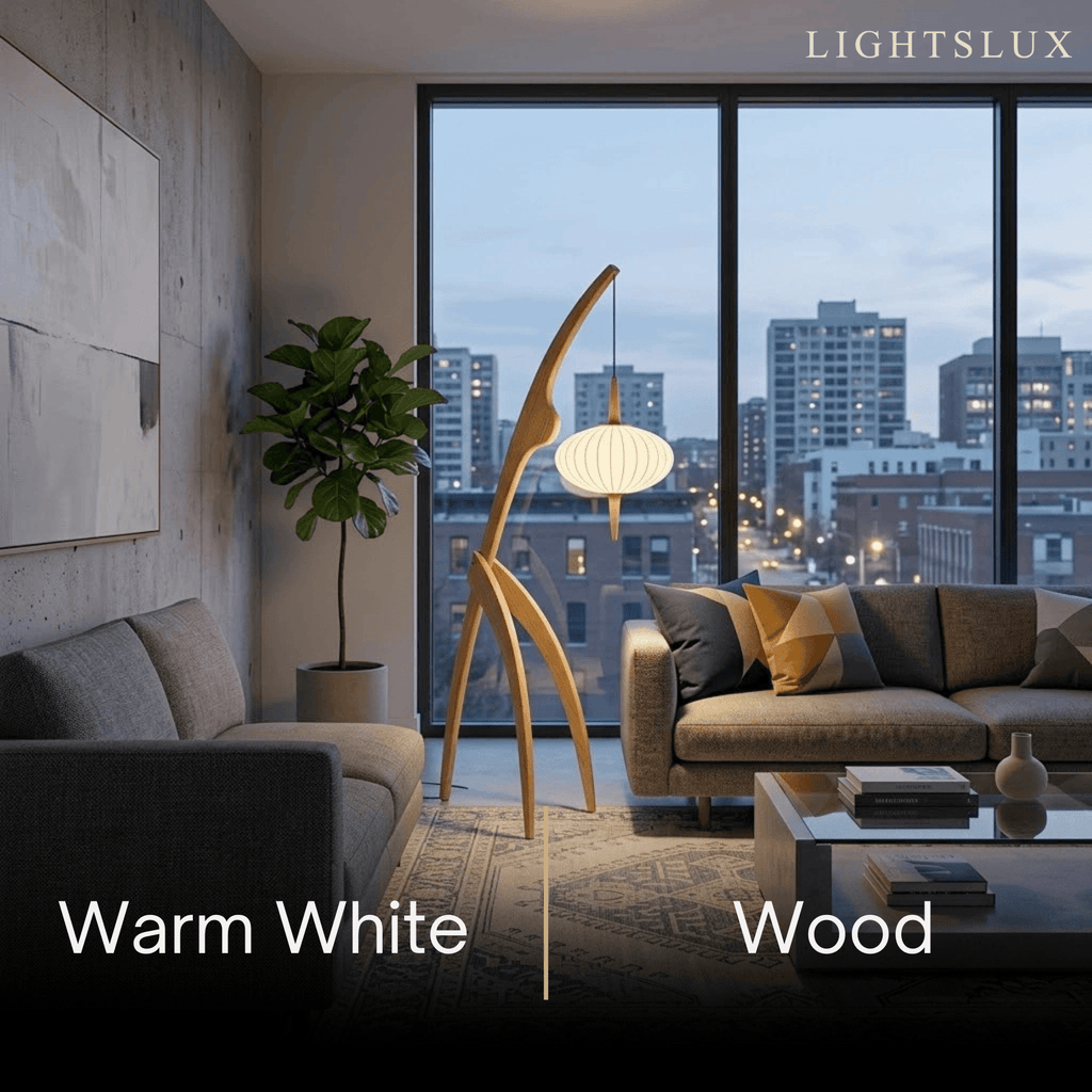 Mid-Century Modern Tripod Floor Lamp – Fabric Shade Walnut/Oak for Living Room / Bedroom - Flindria