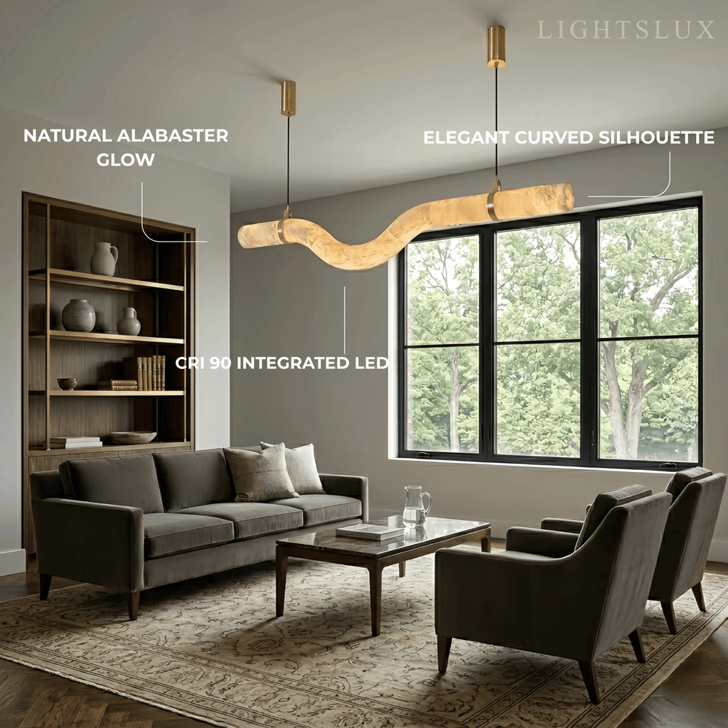 Modern Curved Alabaster Pendant Light -- White for Dining Room Living Room - Flindria