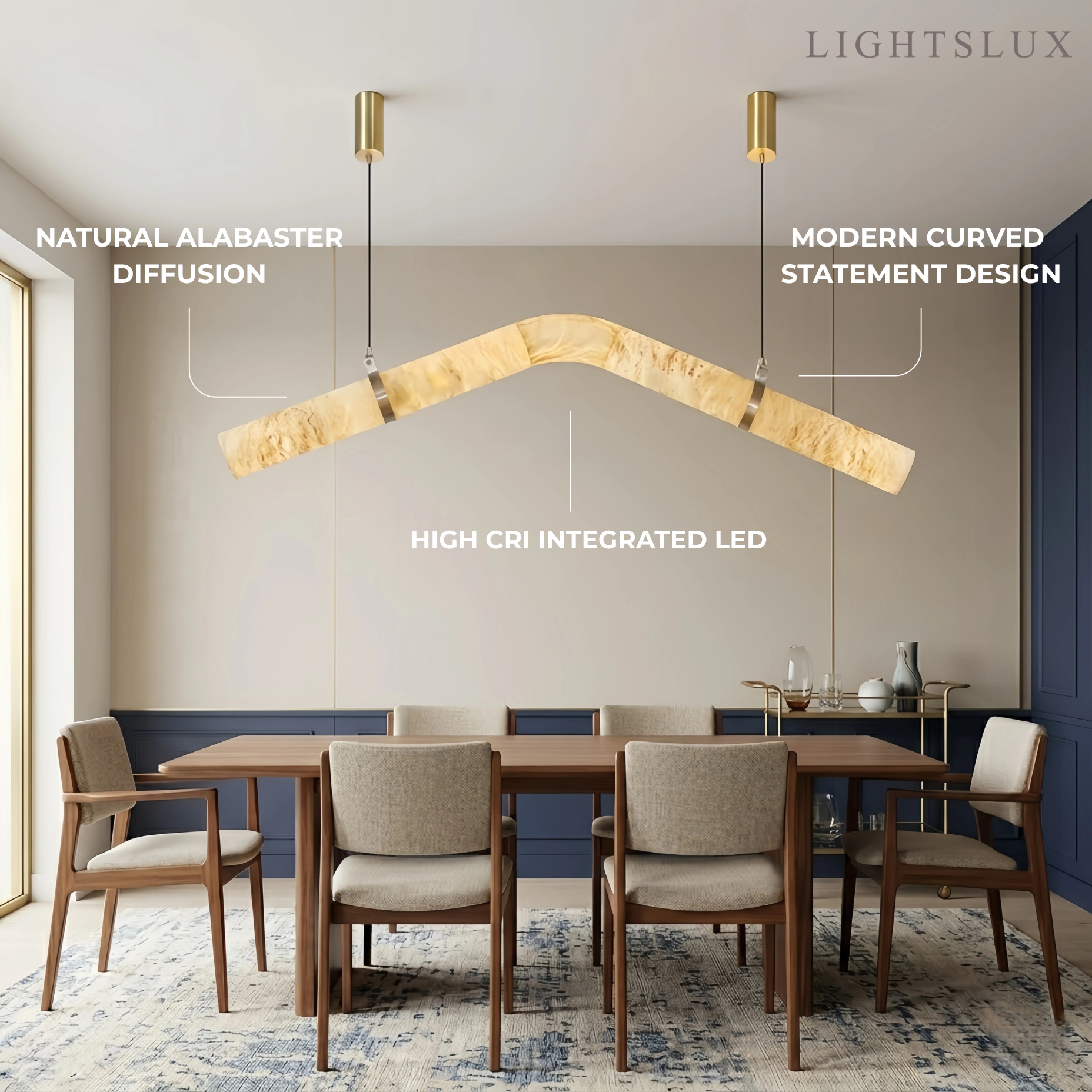 Contemporary Curved Alabaster Pendant Light -- White for Dining Room Living Room - Flindria