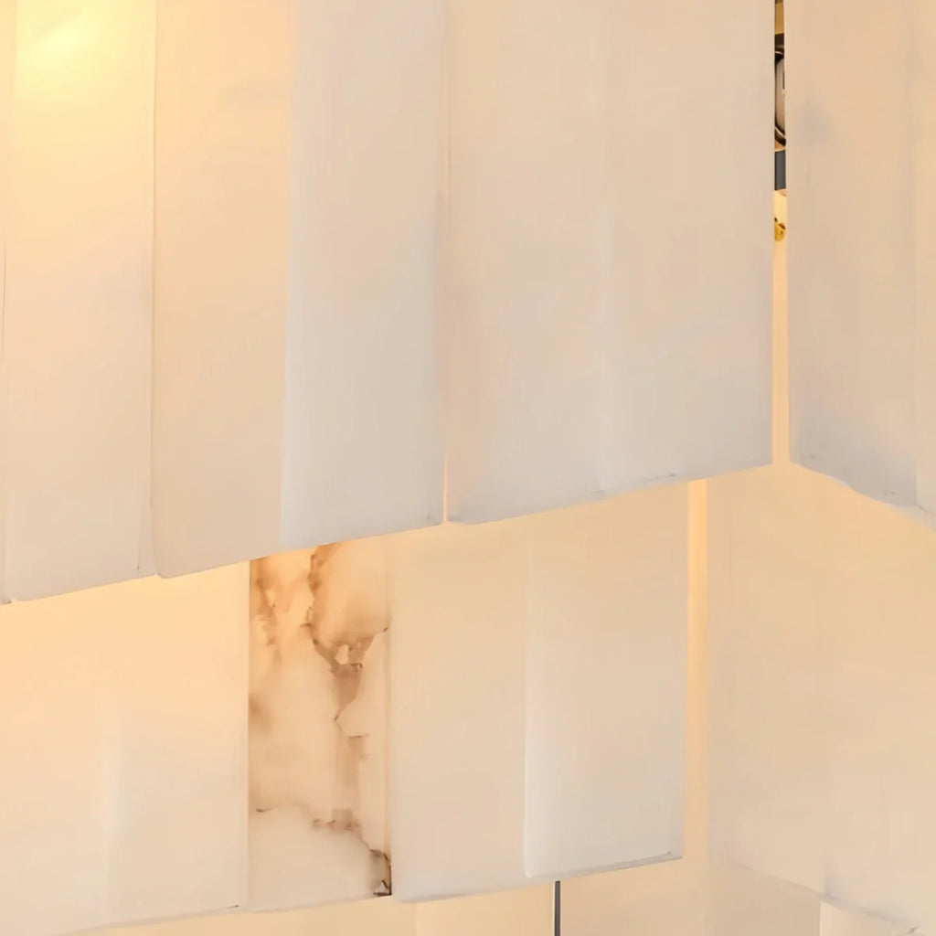 Modern Rectangular Alabaster Chandelier -- Gold Frame for Dining Room Living Room - Flindria