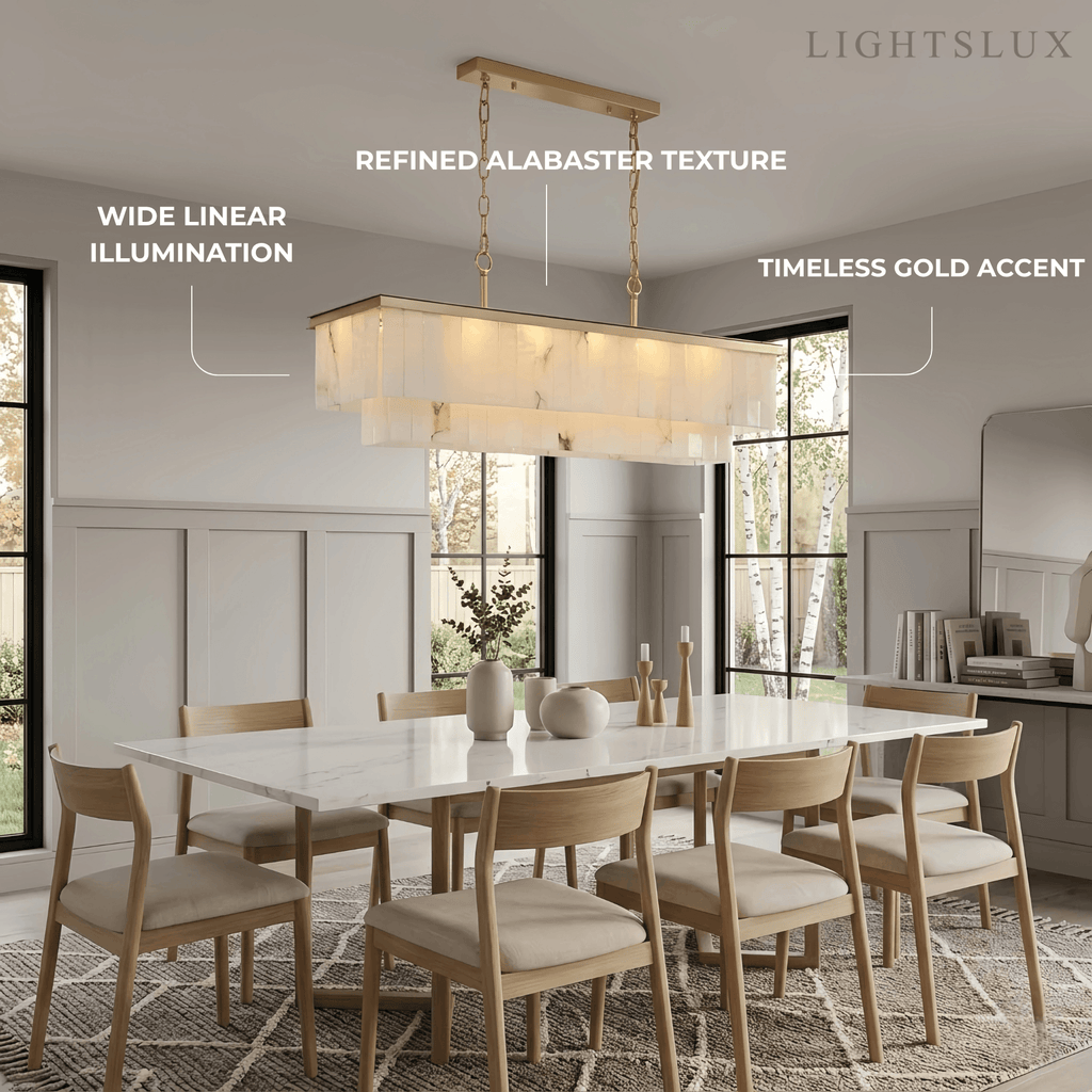 Modern Rectangular Alabaster Chandelier -- Gold Frame for Dining Room Living Room - Flindria