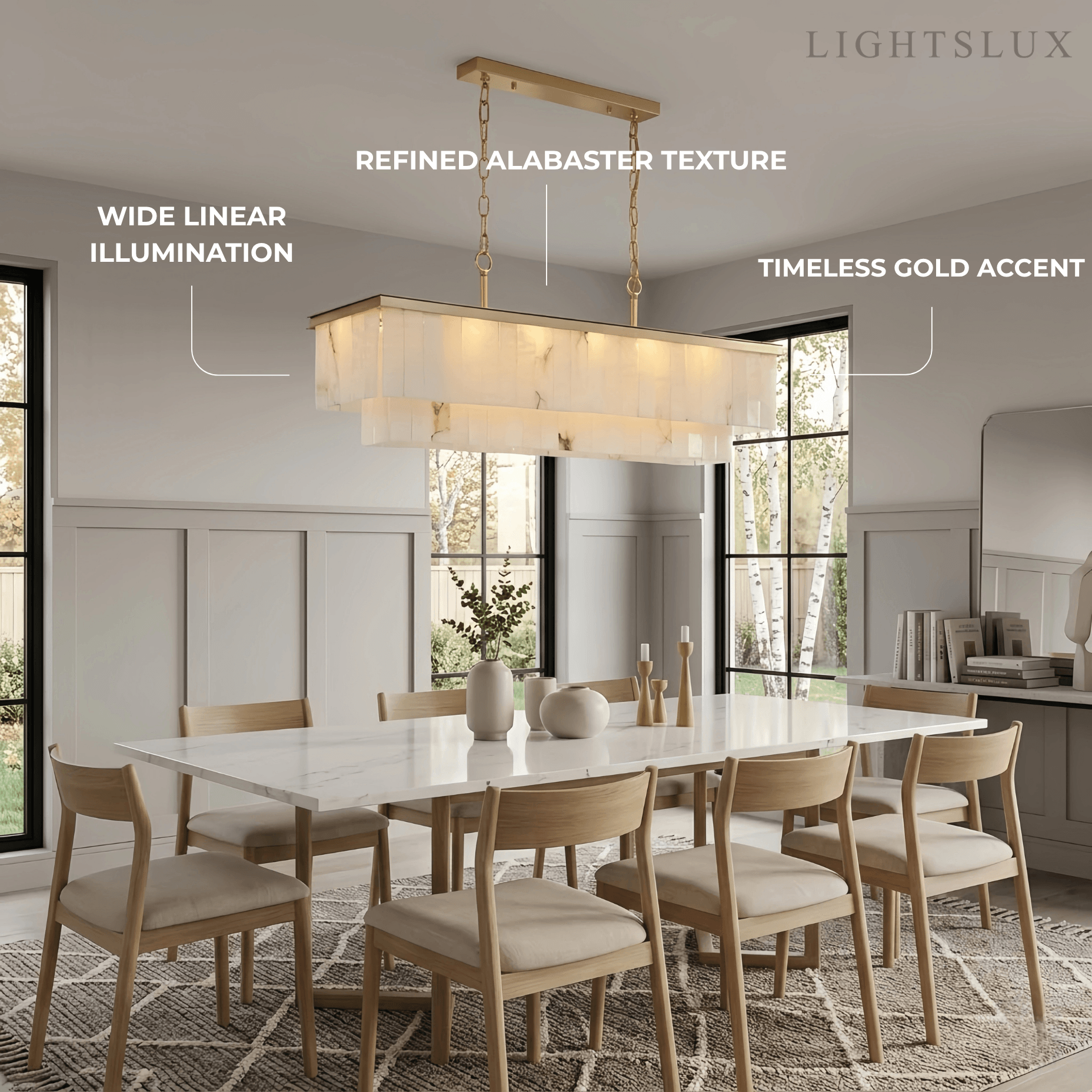 Modern Rectangular Alabaster Chandelier -- Gold Frame for Dining Room Living Room - Flindria