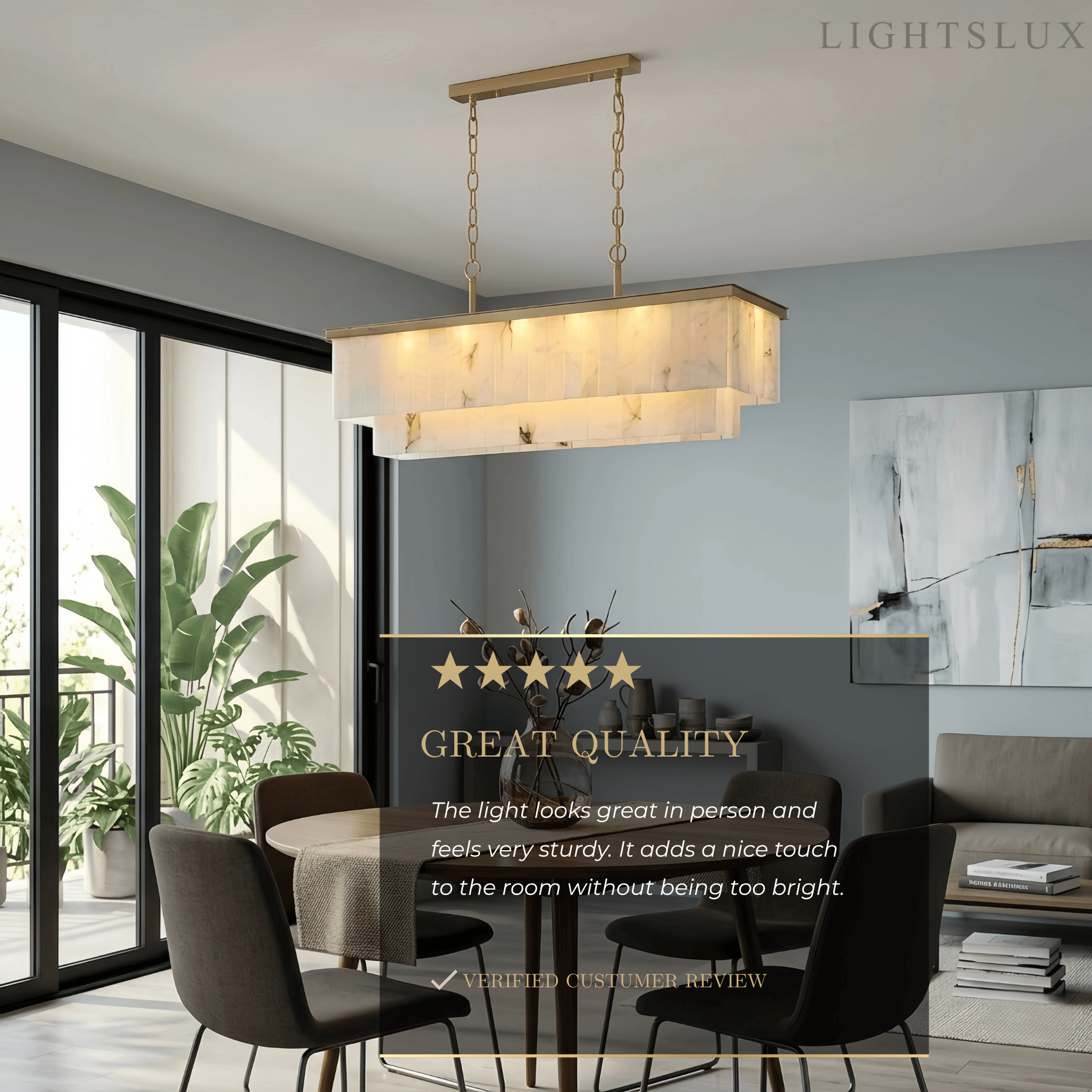 Modern Rectangular Alabaster Chandelier -- Gold Frame for Dining Room Living Room - Flindria