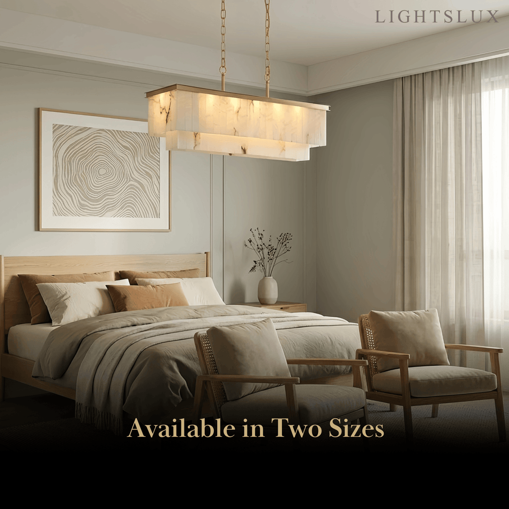 Modern Rectangular Alabaster Chandelier -- Gold Frame for Dining Room Living Room - Flindria