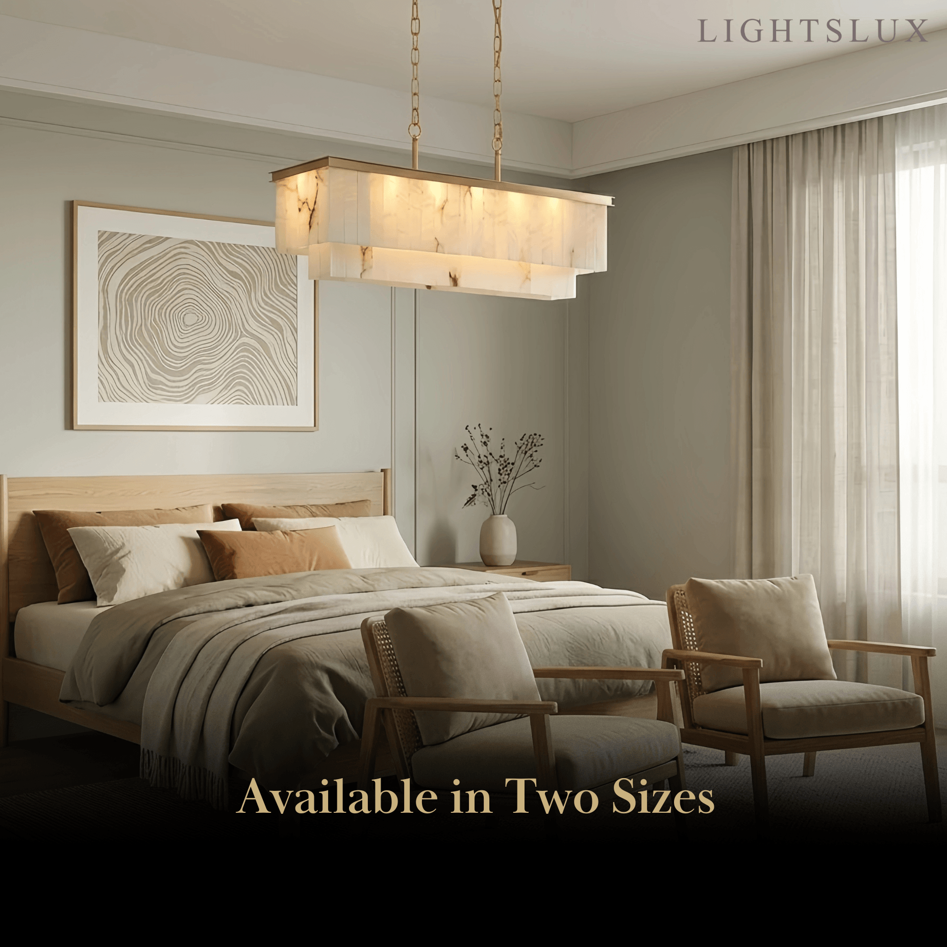 Modern Rectangular Alabaster Chandelier -- Gold Frame for Dining Room Living Room - Flindria