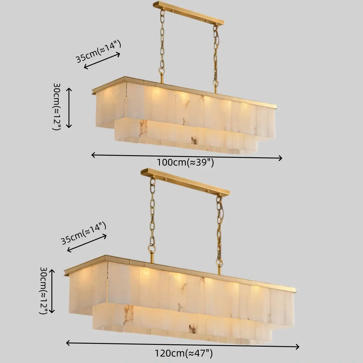 Modern Rectangular Alabaster Chandelier -- Gold Frame for Dining Room Living Room - Flindria