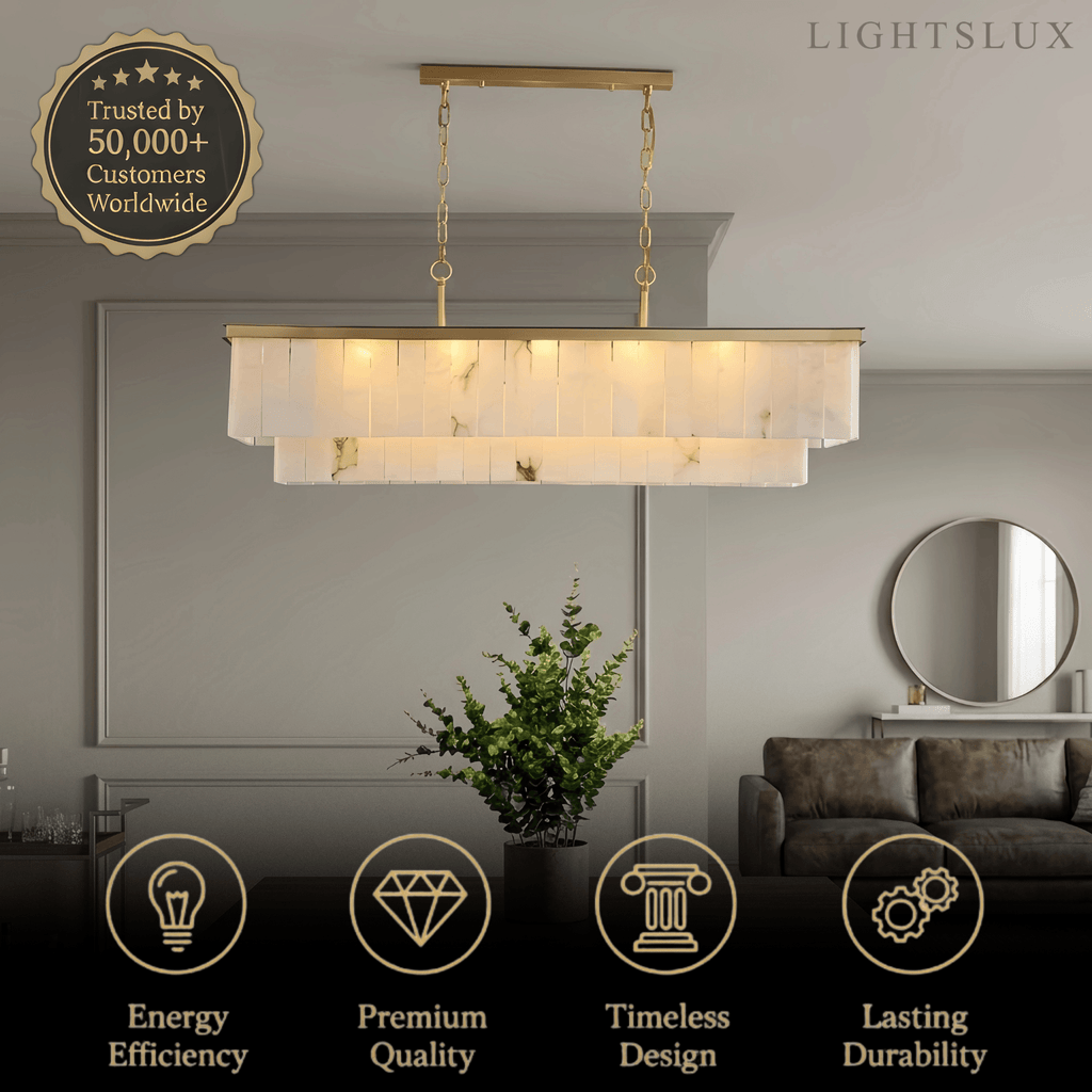 Modern Rectangular Alabaster Chandelier -- Gold Frame for Dining Room Living Room - Flindria