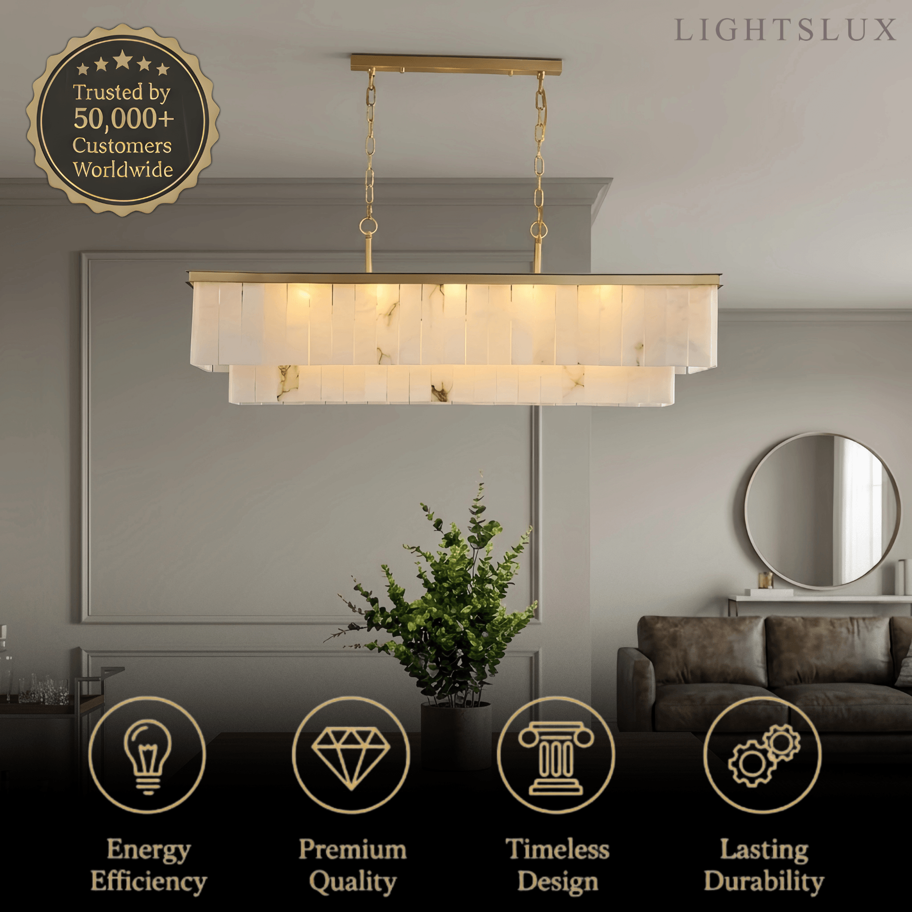 Modern Rectangular Alabaster Chandelier -- Gold Frame for Dining Room Living Room - Flindria