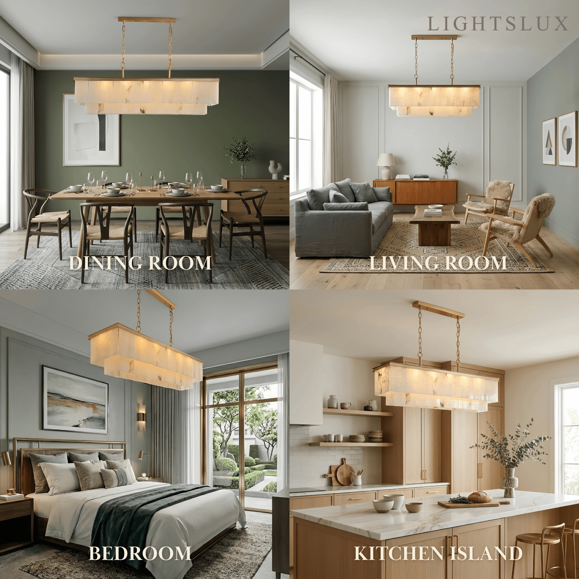 Modern Rectangular Alabaster Chandelier -- Gold Frame for Dining Room Living Room - Flindria
