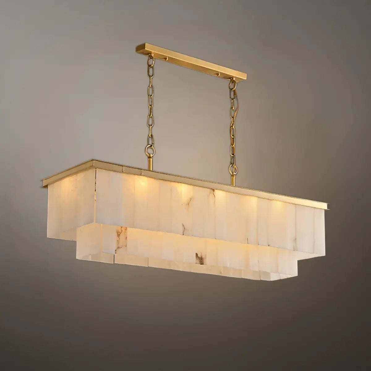 Modern Rectangular Alabaster Chandelier -- Gold Frame for Dining Room Living Room - Flindria
