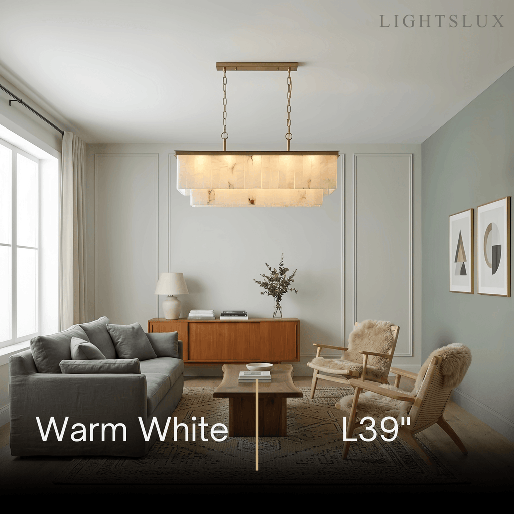 Modern Rectangular Alabaster Chandelier -- Gold Frame for Dining Room Living Room - Flindria
