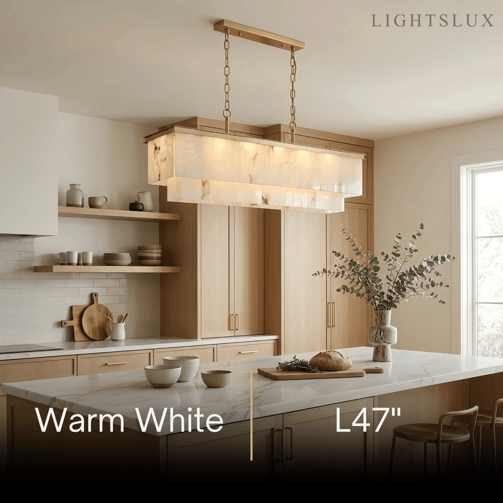 Modern Rectangular Alabaster Chandelier -- Gold Frame for Dining Room Living Room - Flindria