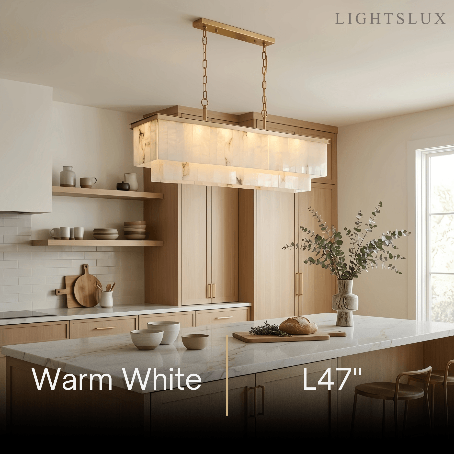 Modern Rectangular Alabaster Chandelier -- Gold Frame for Dining Room Living Room - Flindria