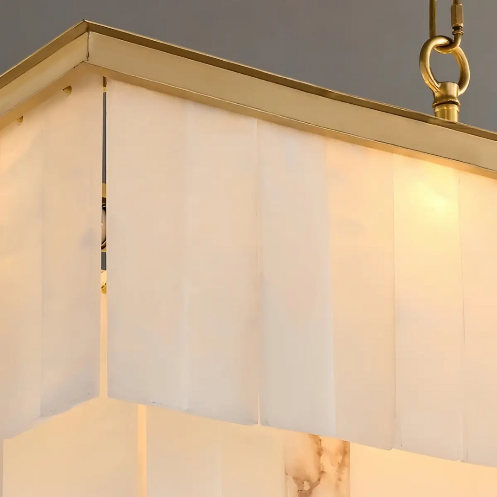 Modern Rectangular Alabaster Chandelier -- Gold Frame for Dining Room Living Room - Flindria