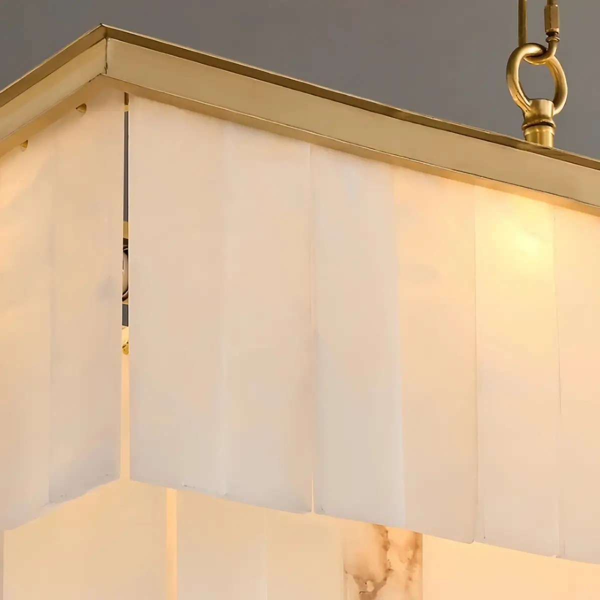 Modern Rectangular Alabaster Chandelier -- Gold Frame for Dining Room Living Room - Flindria