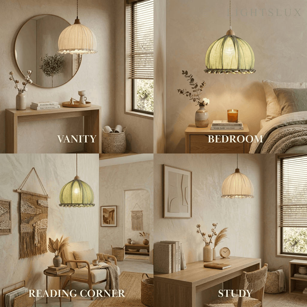 Wabi-Sabi Fabric Pendant Light -- White/Beige/Green for Dining Room/Bedroom - Flindria