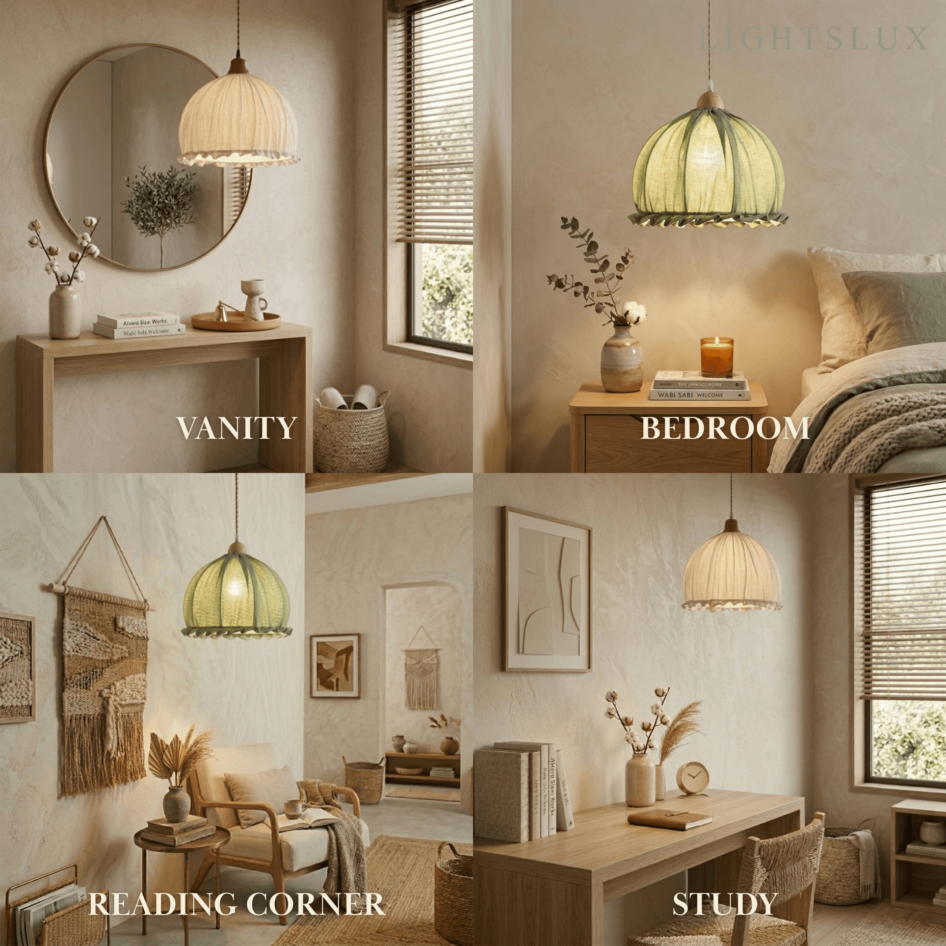 Wabi-Sabi Fabric Pendant Light -- White/Beige/Green for Dining Room/Bedroom - Flindria
