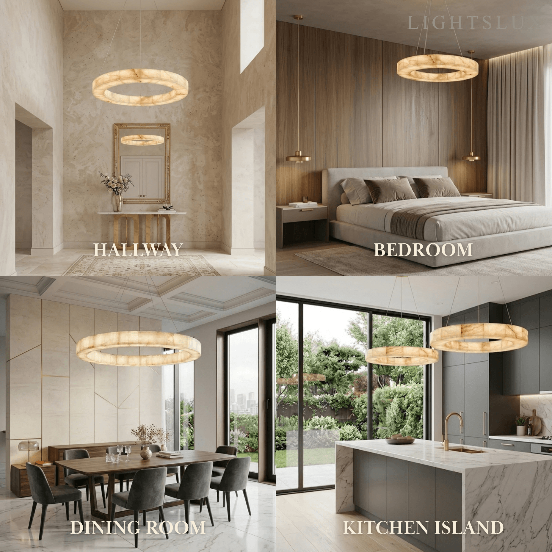 Modern Alabaster Ring Chandelier -- Gold Accents for Living Room - Flindria