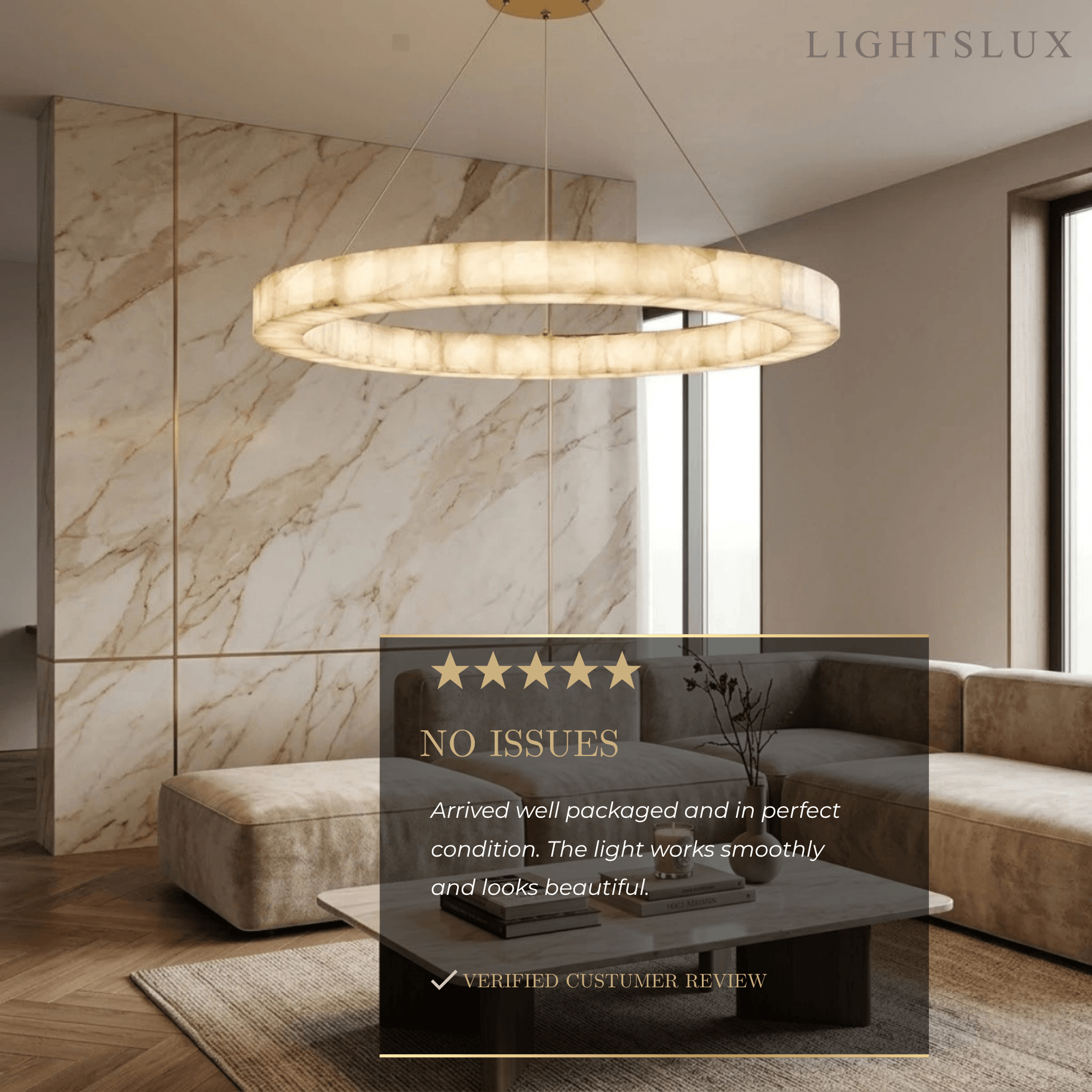 Modern Alabaster Ring Chandelier -- Gold Accents for Living Room - Flindria