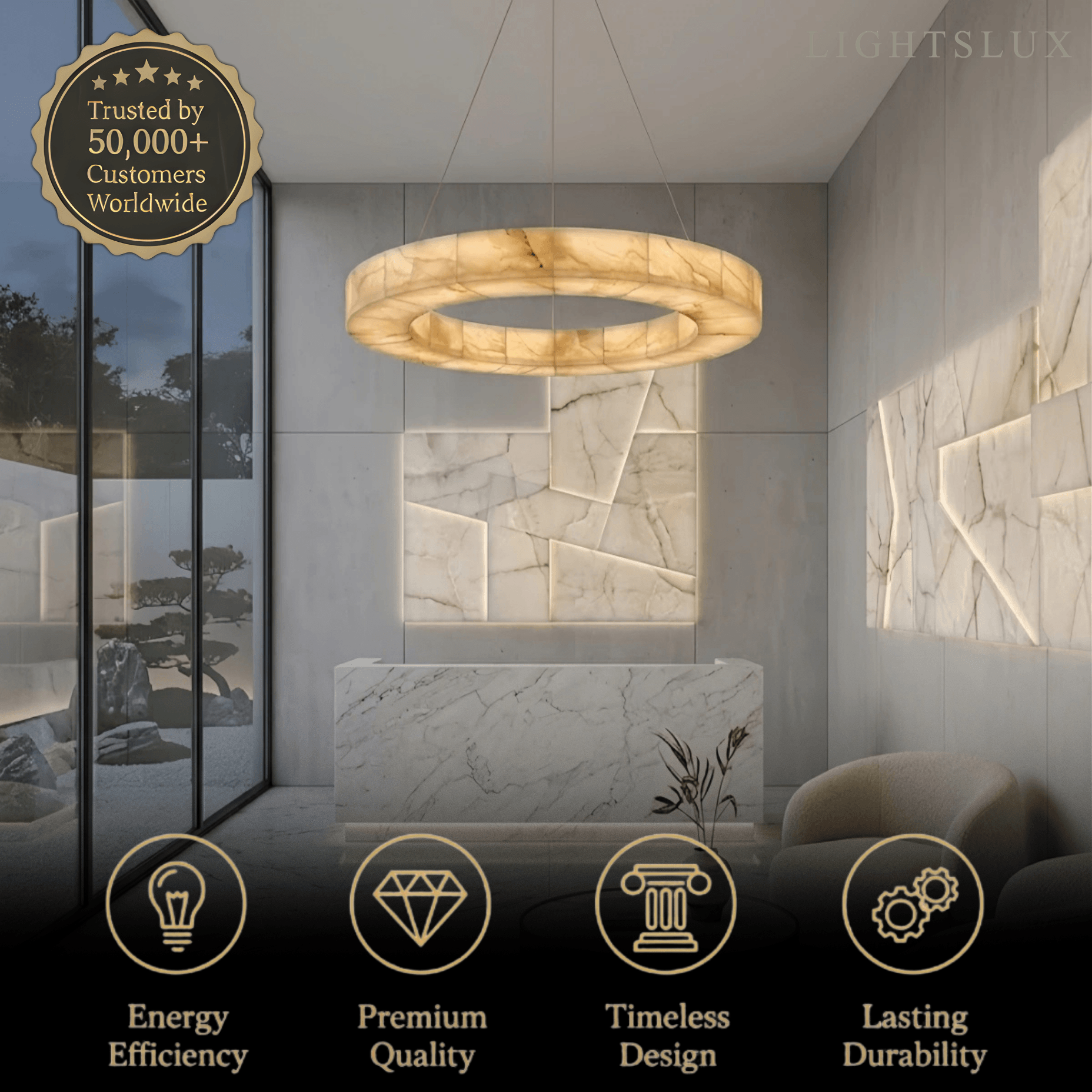 Modern Alabaster Ring Chandelier -- Gold Accents for Living Room - Flindria